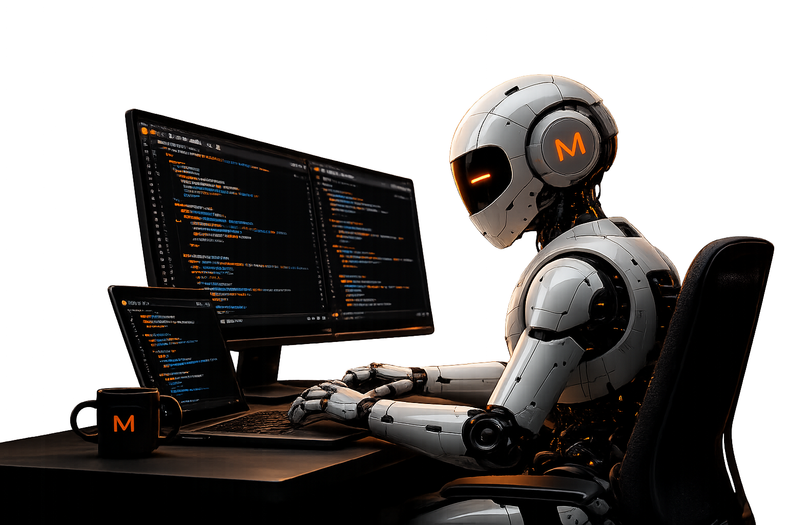 AI robot at a workstation with monitors